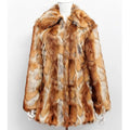 Women's slim fit tiger pattern faux fur jacket with long sleeves on a model.