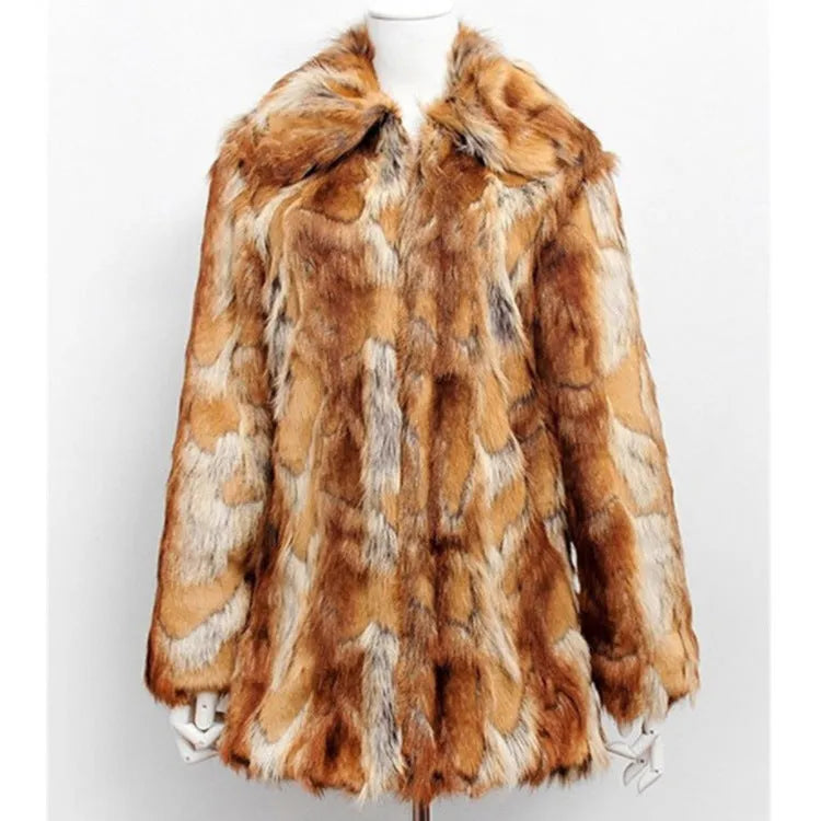 Women's slim fit tiger pattern faux fur jacket with long sleeves on a model.