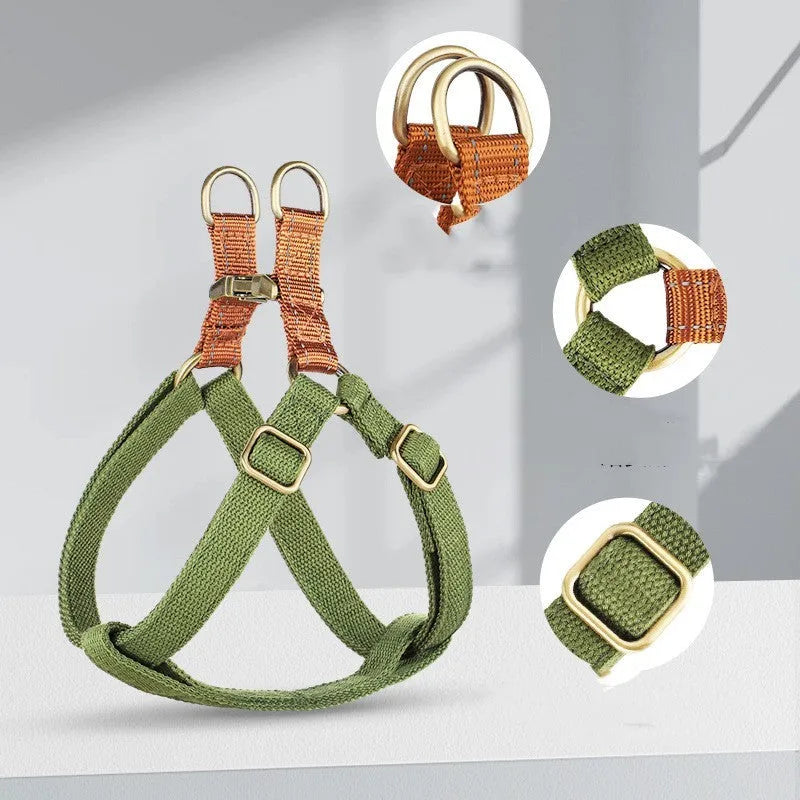 Brown vest-style dog leash with cotton belt and alloy fastener for small to medium dogs