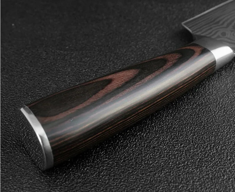 7Cr17 stainless steel chef knife with 18cm blade, laser Damascus pattern, and coloured wood handle