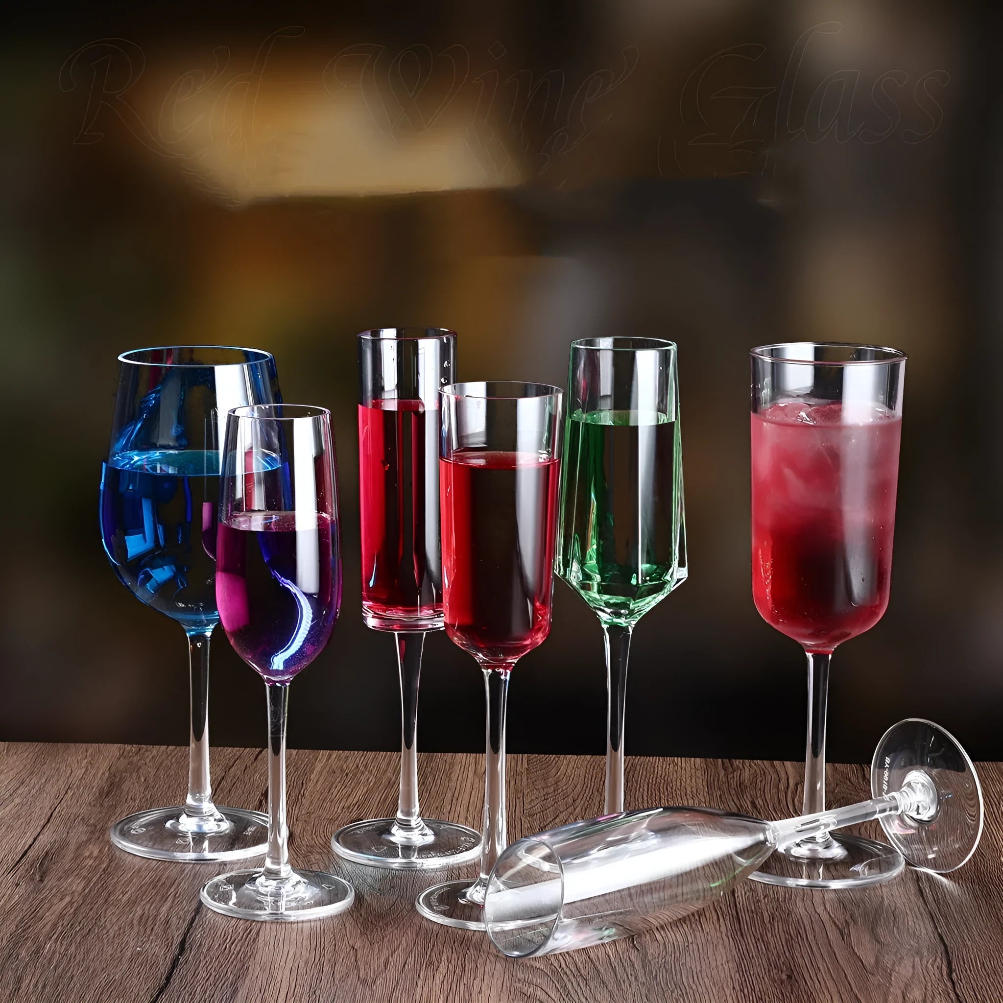 Modern minimalist plastic wine glass in clear food grade material showing 550ml and 300ml capacity options