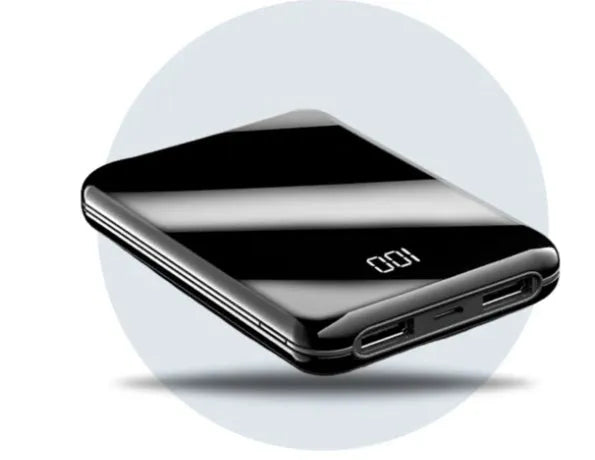 Mini LCD display power bank showing battery percentage on screen in black, red or white colours