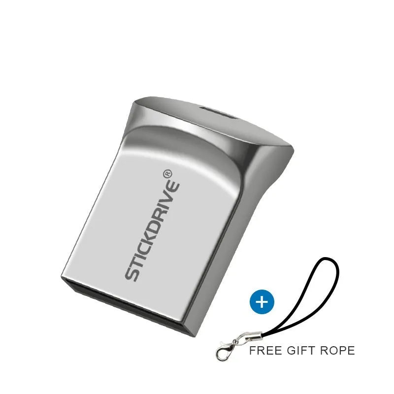 Metal USB flash drive on a keyring chain, shown in black and silver colour variants.