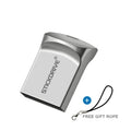 Metal USB flash drive on a keyring chain, shown in black and silver colour variants.