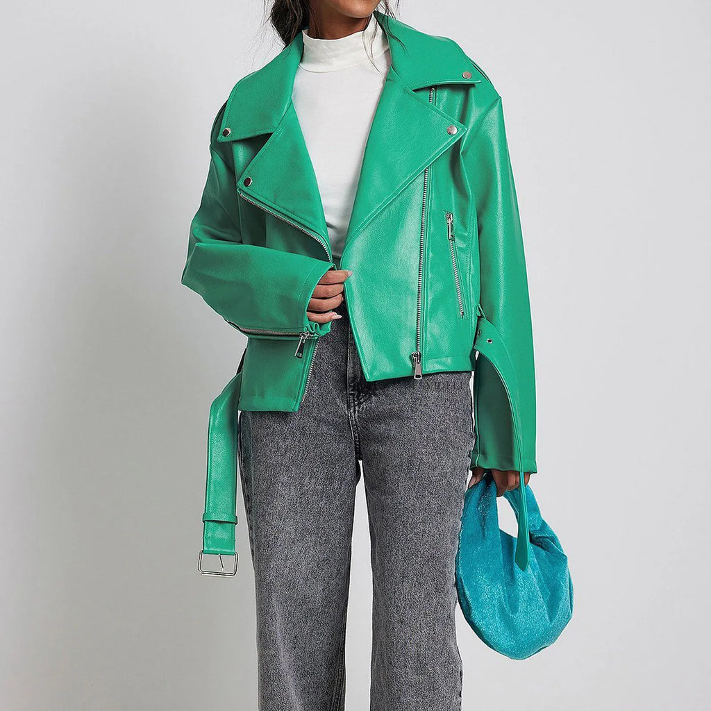 Punk short belt lapel jacket in leather-look polyester with a Peter Pan collar.