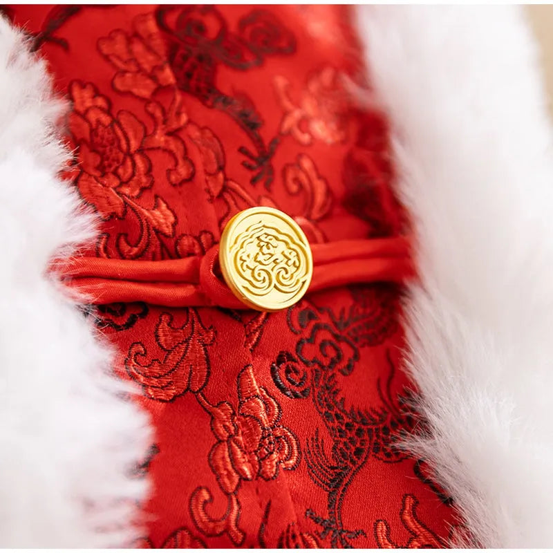 Red brocade pet dog Tang suit with dragon embroidery, faux fur trim, and knot buttons on a large dog