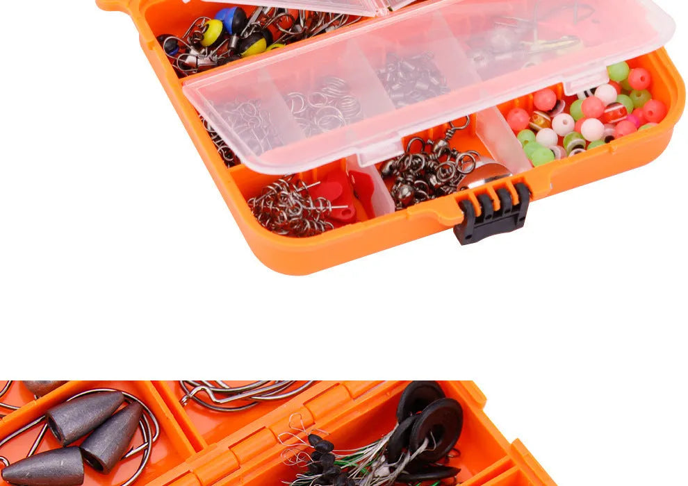 Orange ABS fishing tackle box open to show 257-piece fishhook and lure accessory set