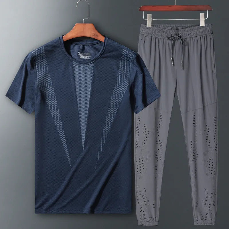Two-piece nylon sportswear set with short-sleeved round-neck T-shirt and trousers in black blue and white