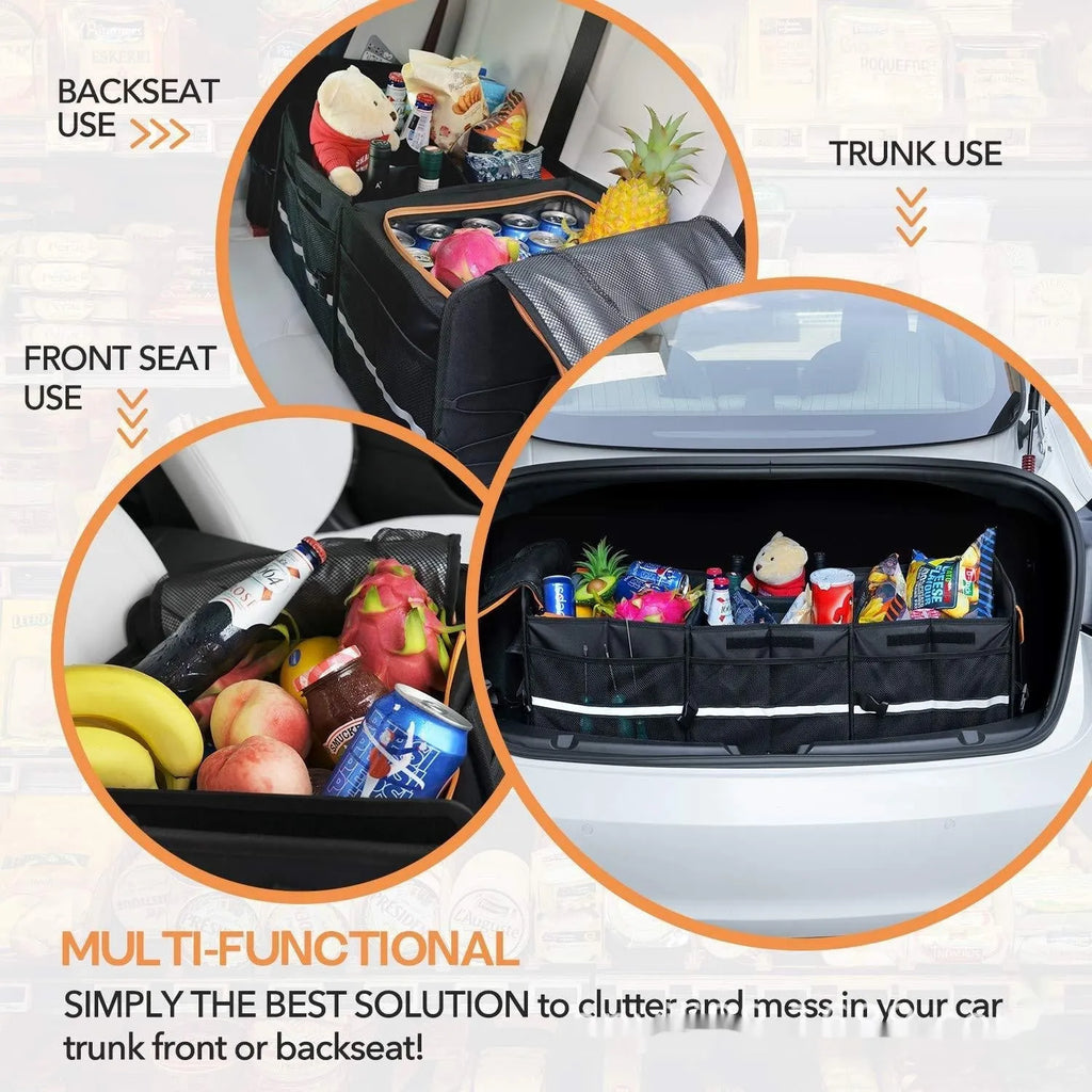 Black Oxford cloth folding car boot storage box with handle and roller, 89x36.8x31.8cm
