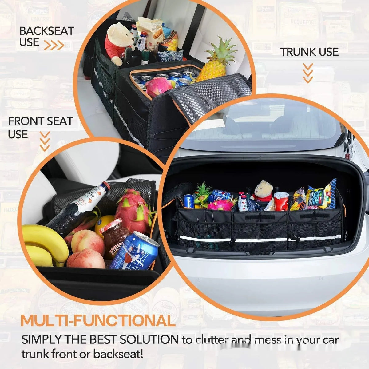Black Oxford cloth folding car boot storage box with handle and roller, 89x36.8x31.8cm