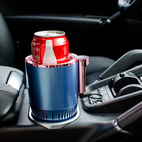 Black 2-in-1 car cup holder with digital temperature display for heating and cooling drinks