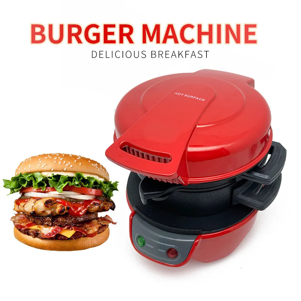 Household breakfast machine with sandwich maker and egg cooker functions in bright red colour