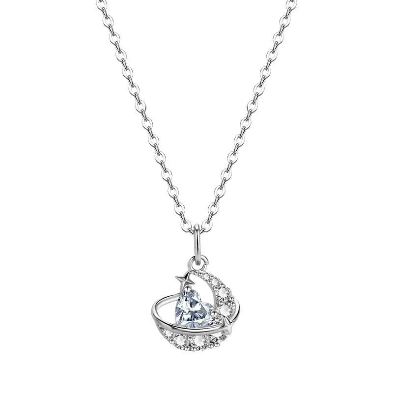 Design Sense Moon Heart clavicle chain necklace copper electroplated white diamond pink diamond dream color rhinestone women fashion OL