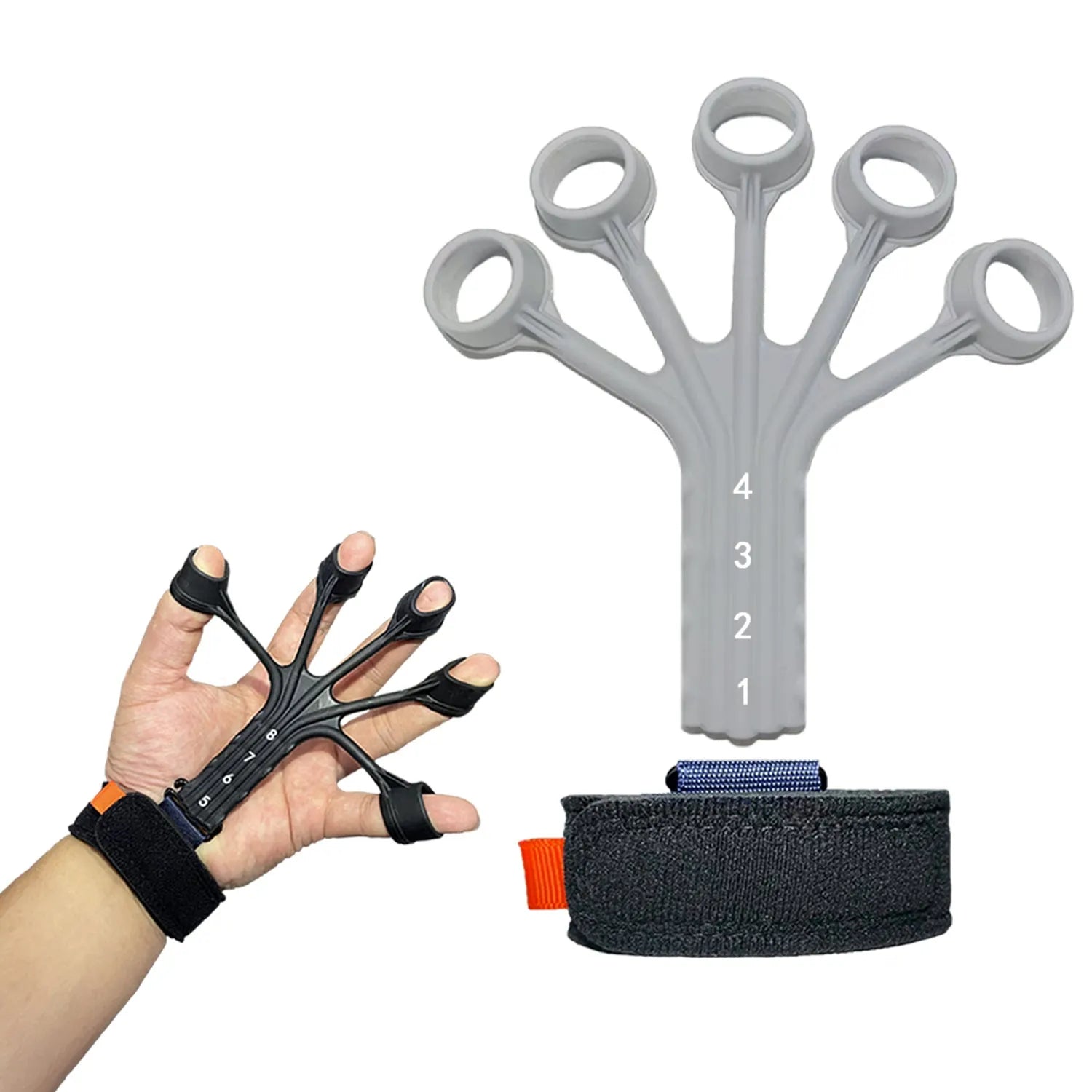 Silicone finger flexion and extension trainer with adjustable belts in black and grey colours