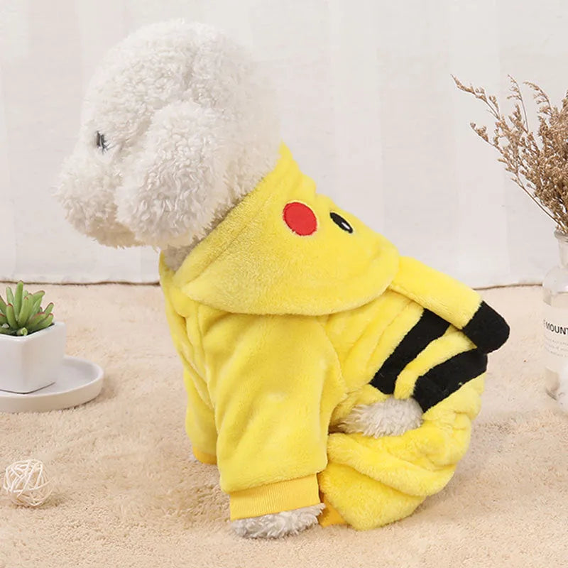 Fleece dog and cat coat for winter, available in sizes XS to XXL, shown as a costume and hoodie.