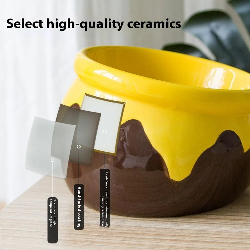 Ceramic cat bowl with high foot and oblique mouth design in beer style for cervical protection
