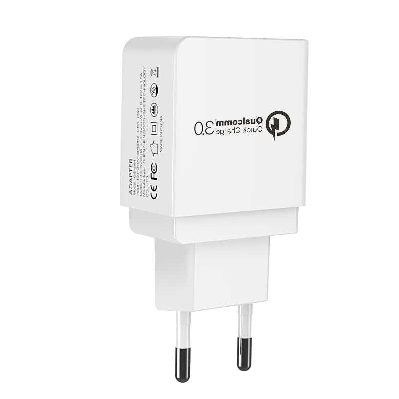 QC3.0 fast charger ETL certified in bright black with sub-black accents, PC fireproof material, EU plug