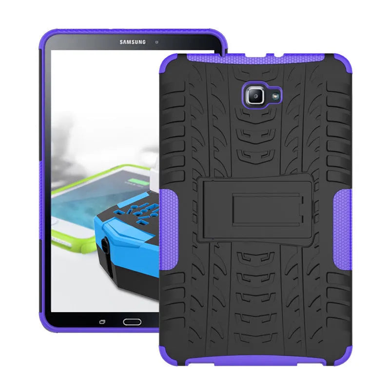 Samsung Galaxy Tab A 10.1 2016 plate bracket shell protective case in black with stand and tyre pattern