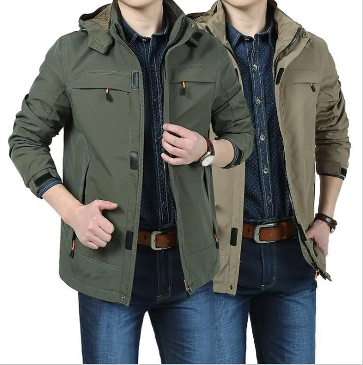 Men's waterproof breathable corduroy fleece lined jacket in khaki, loose fit, front view