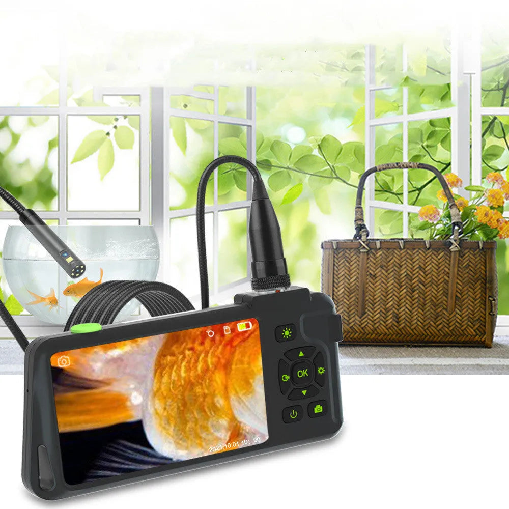 Handheld industrial endoscope with 4.5-inch screen and thin black inspection probe