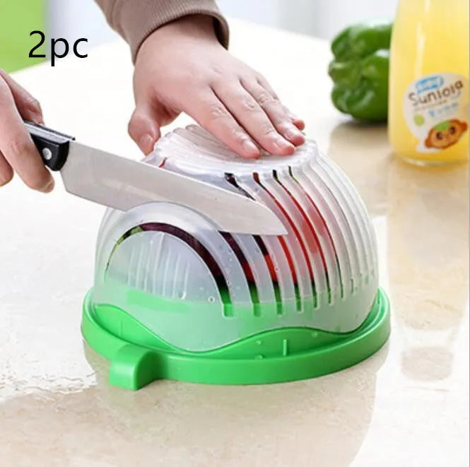 Creative salad cutter bowl with 13-seam lid, drain basket and serving plate base in blue