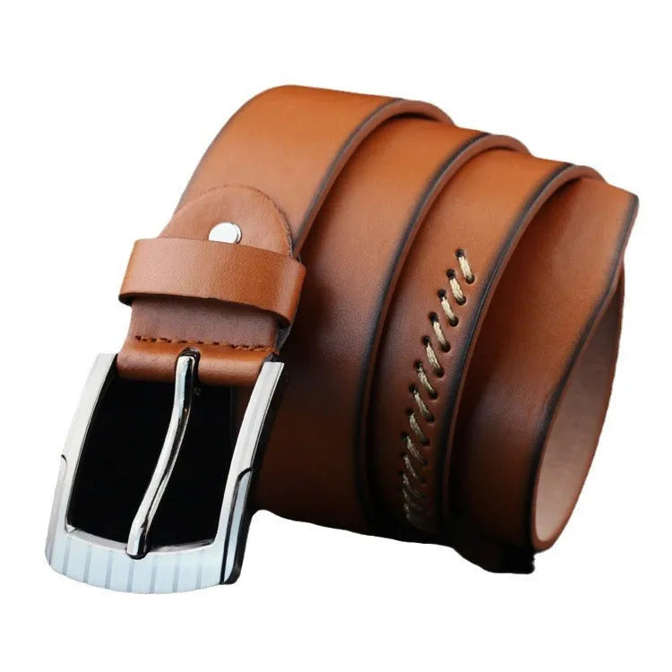 Men's retro pattern imitation leather belt with alloy pin buckle in black, white, or brown colours