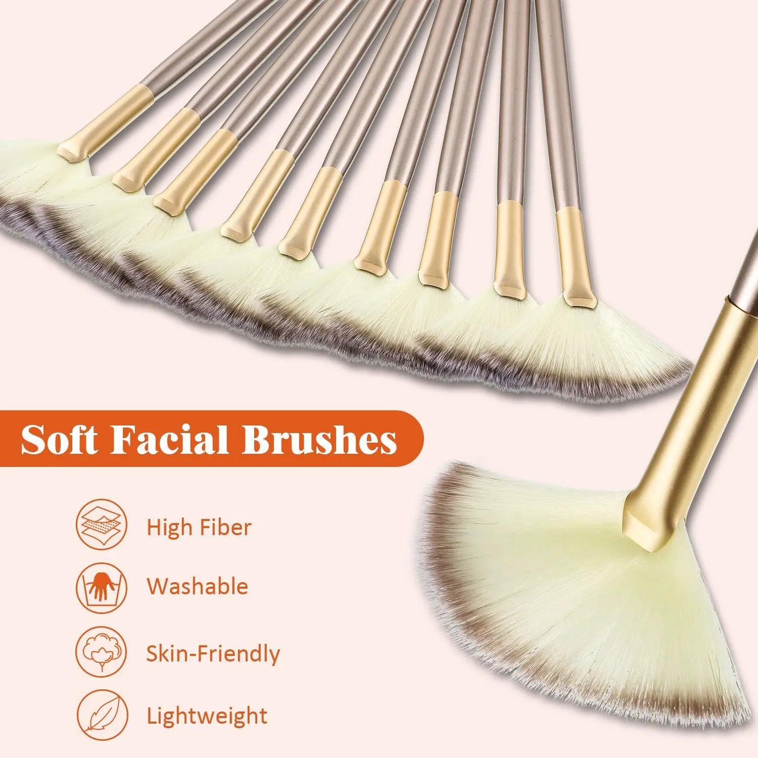 Ten champagne-coloured fan makeup brushes with soft fibre bristles and protective covers laid out.