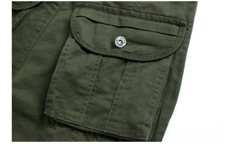 Khaki cotton loose fit multi-pocket trousers overalls with straight leg and zipper placket