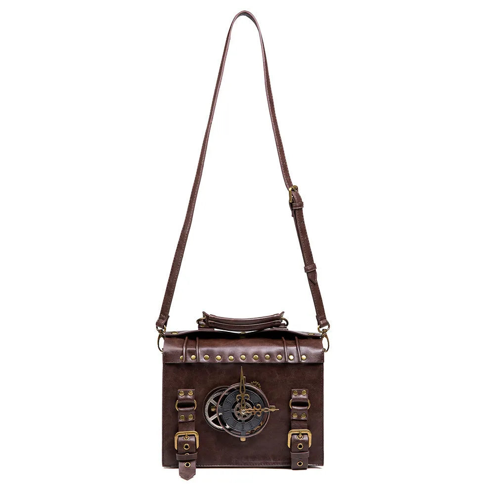 Bronze steampunk industrial retro shoulder bag with metal details and horizontal square pillow shape