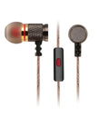 Brown in-ear wired headphones with metal subwoofer, microphone, L-bend 3.5mm plug, TPE wire on white background