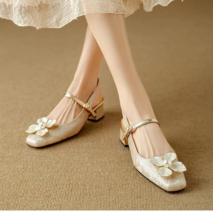 French retro square toe high heels for women in apricot colour with mid heel and PU upper