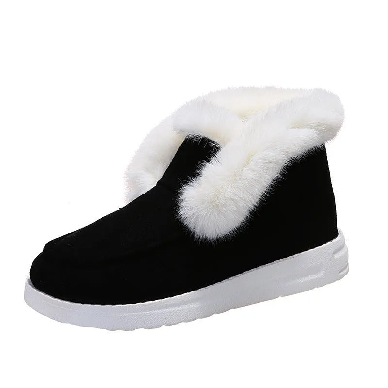 Women's snow boots ankle boots suede upper plush fur lining black colour low heel round toe