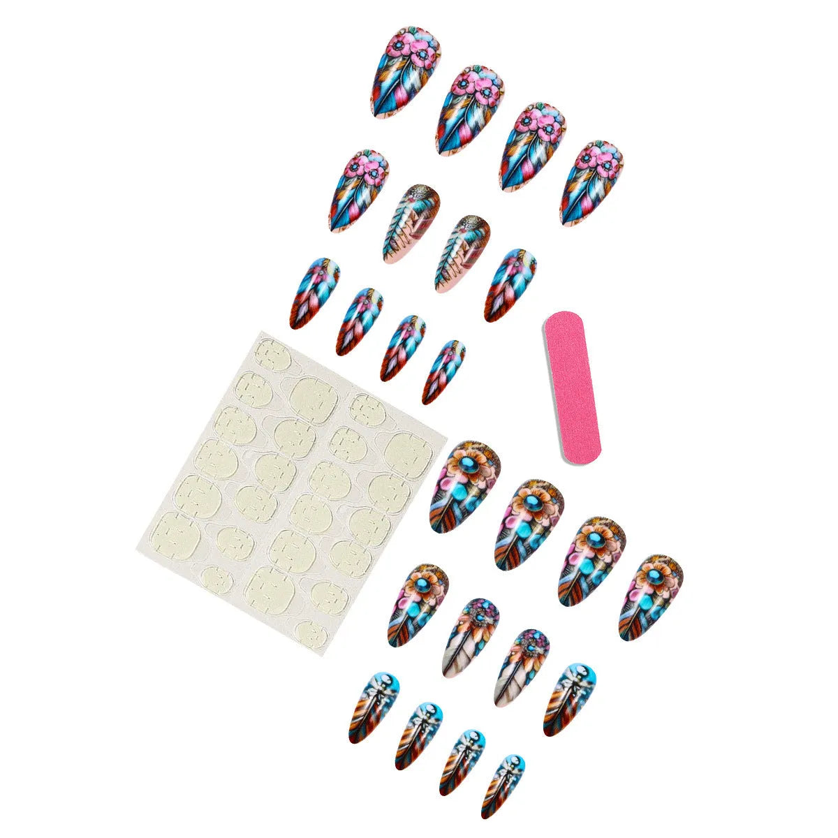 Colourful retro nail art stickers with feather, cartoon flower, heart, and butterfly designs on a plastic sheet.