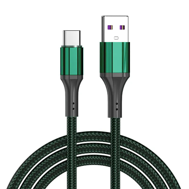 Woven nylon USB-C fast charging cable in red, black, or green colours showing braided texture