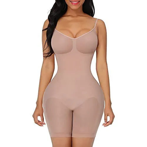 Plus size women's stretch nylon hip lift belly control sling body shaper in black, shown front view
