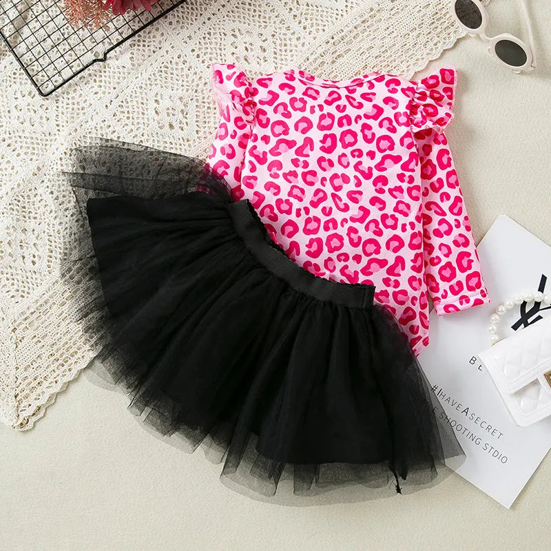 Baby girls' leopard print flounced sleeve mesh dress set long sleeve pullover pink black