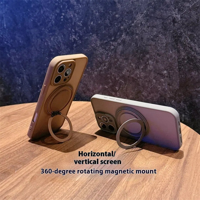 Frosted magnetic rotating bracket phone case for IPhone 17 series in multiple colour options showing bracket extended.