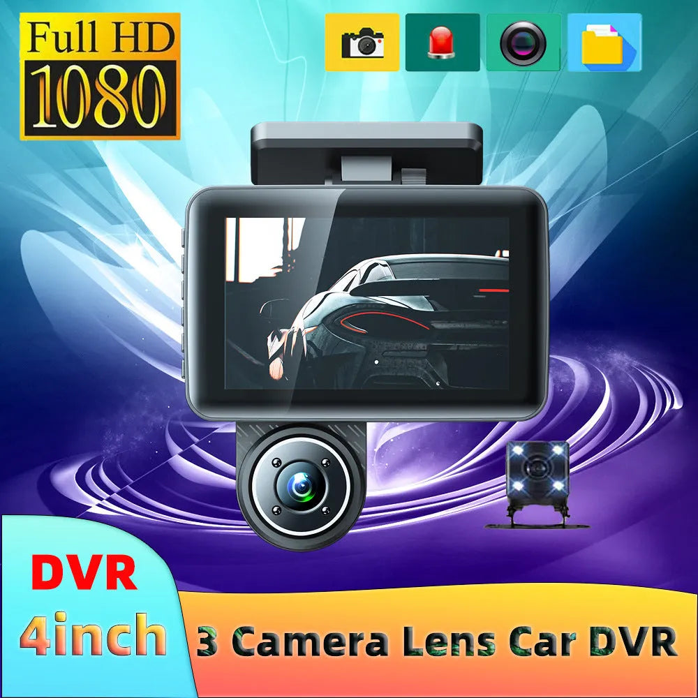 Black 4 inch touch screen car dashcam with wide angle lens mounted on windshield