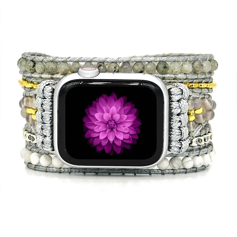 Natural stone beaded crystal watch strap in bohemian style, 38-45mm width, three sizes available