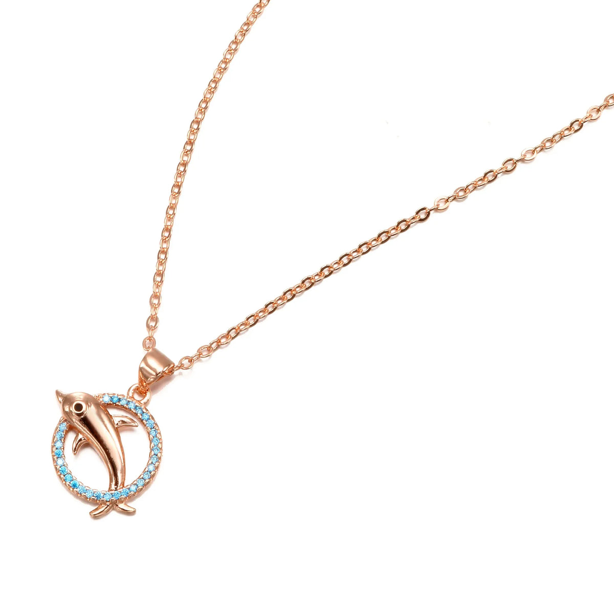 Romantic dolphin copper pendant necklace available in rose gold and silver finishes