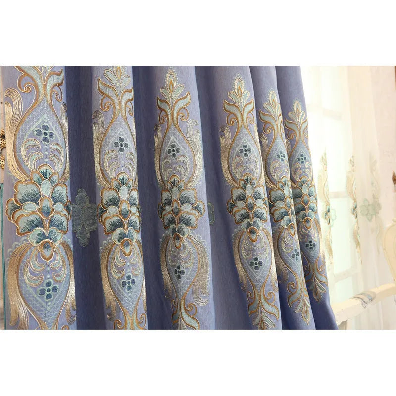 Slub cotton embroidery curtain fabric in beige with flat embroidery, high shading, modern simple style