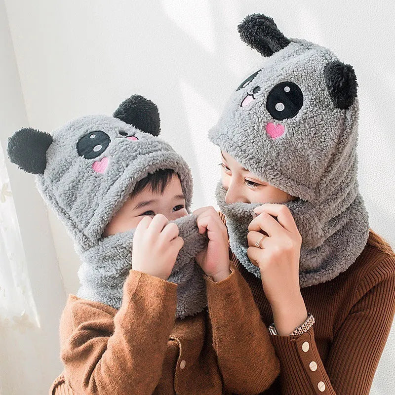 Winter cotton bib hat with panda face embroidery for kids aged 3-10 years, available in multiple colours