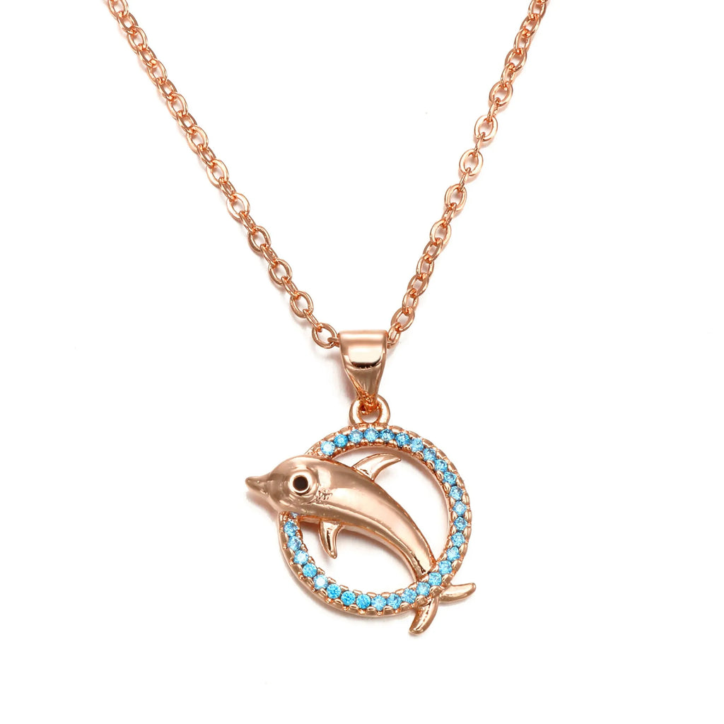 Romantic dolphin copper pendant necklace available in rose gold and silver finishes