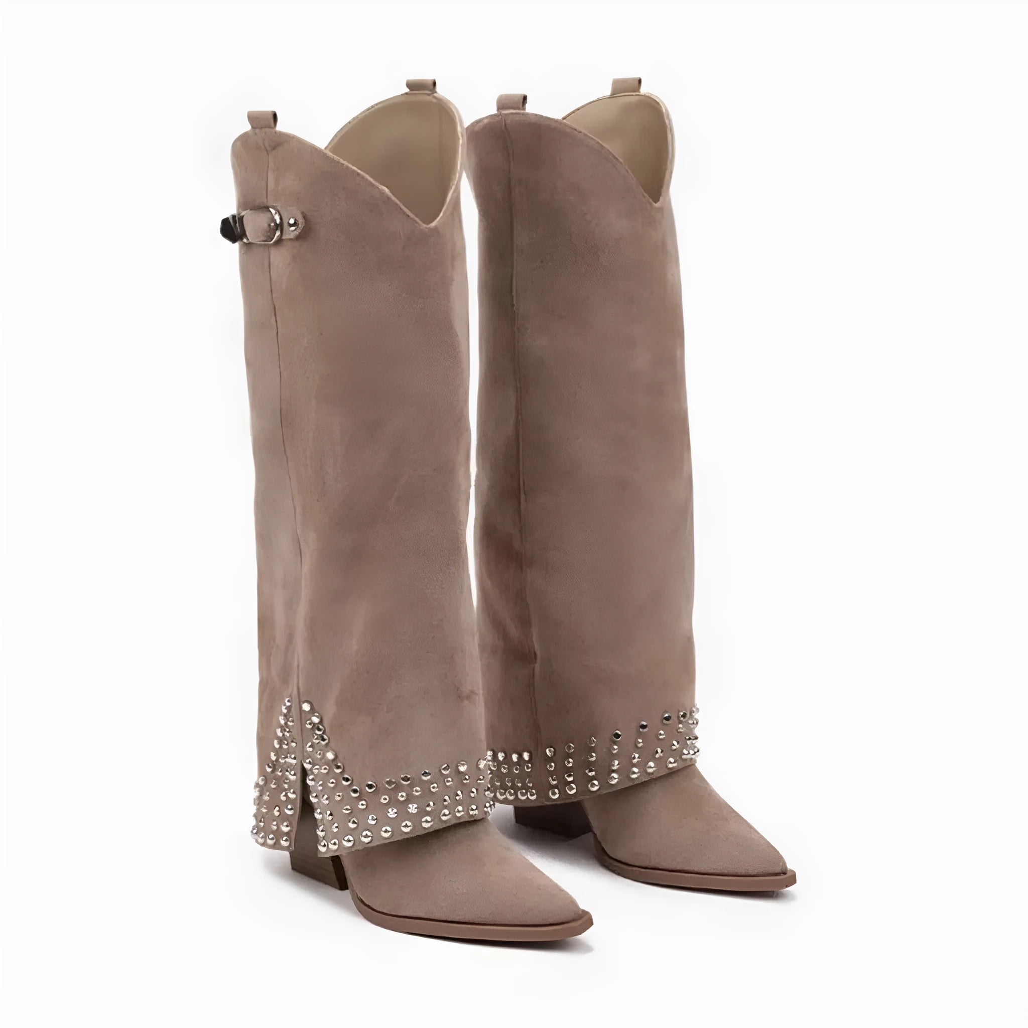 Women's black frosted rivet pantyhose boots with rubber soles and microfiber suede leather upper