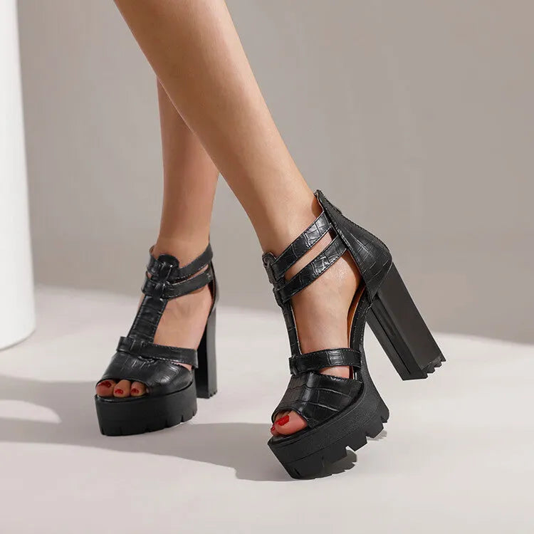 Women's platform high heel sandals with back zipper in yellow, black, and wine red colours