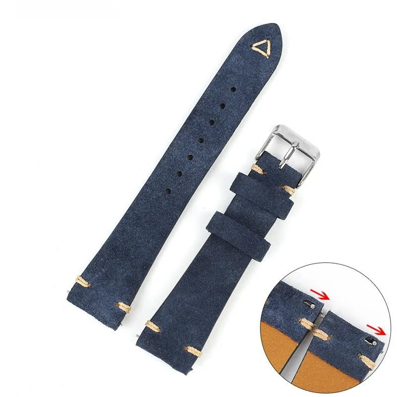 Suede genuine leather watch strap in brown, blue, grey, and Army Green colours for 20mm and 22mm watches