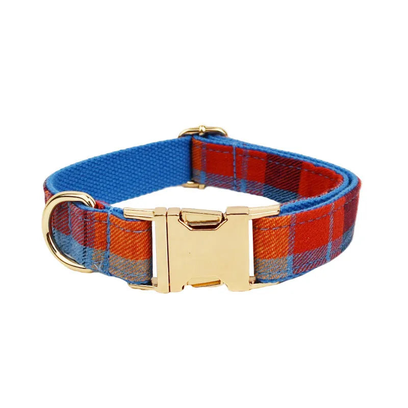 Four-piece dog collar set with matching bow tie, leash and vest in cloth material