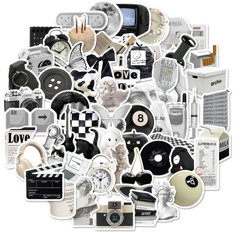 Black and white PVC waterproof sticker set with 61 pieces for multiple surfaces