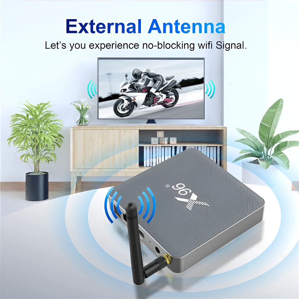 Android smart set-top box with remote control showing dual-band WiFi and Bluetooth connectivity options