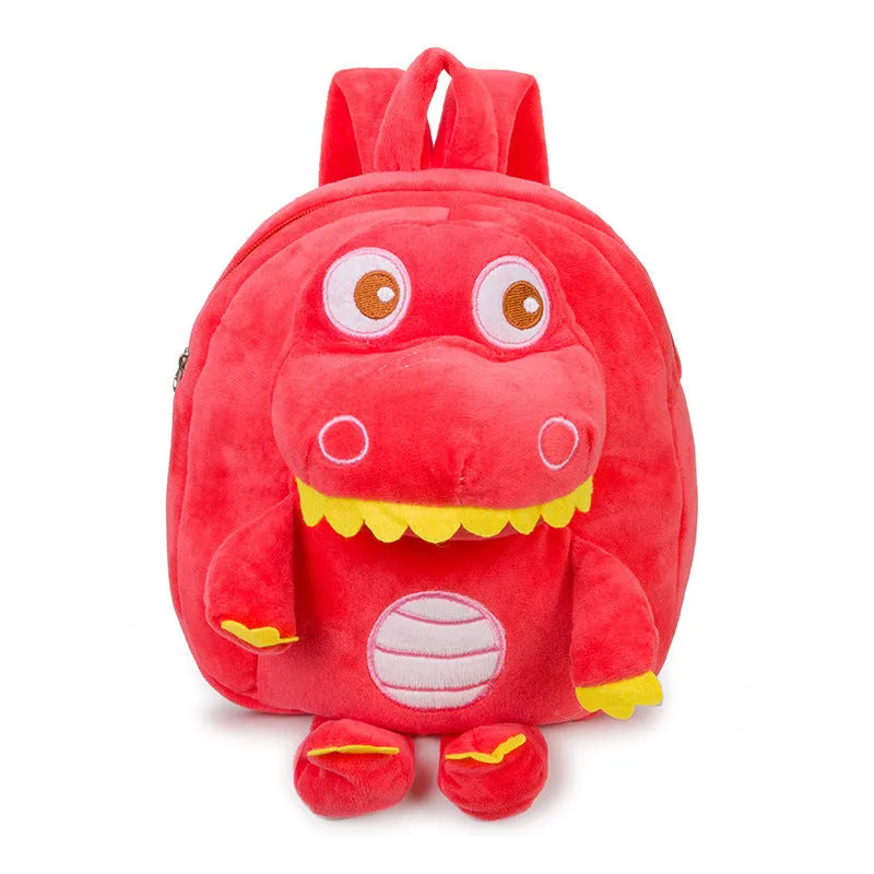 Blue soft plush dinosaur character backpack for children with embroidery, a soft handle, and backpack straps.